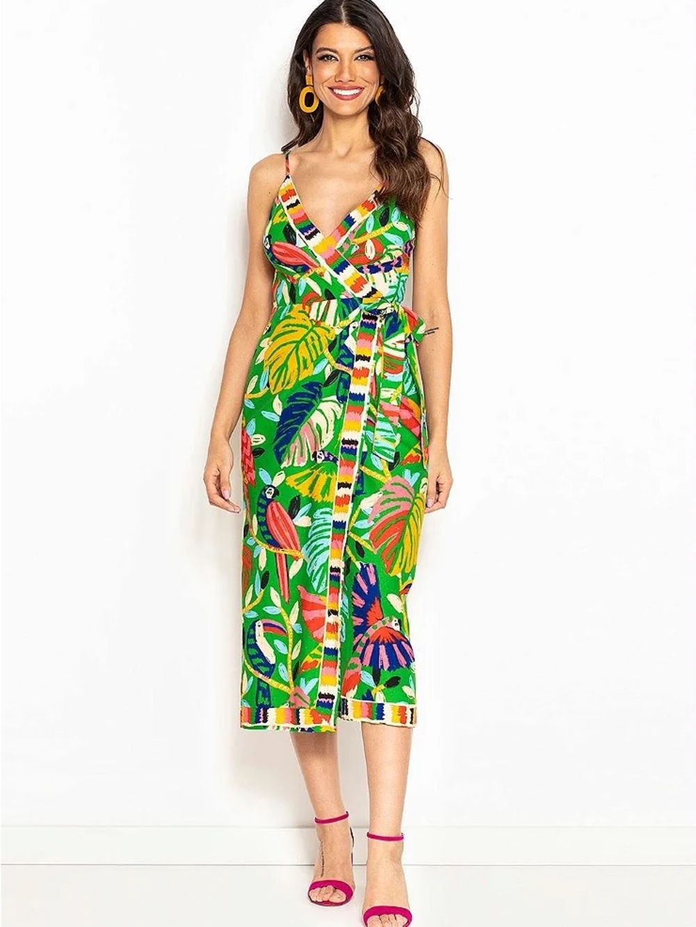 Farm Rio Brazil Tropical Green V-Neck Wrap Midi Dress - Picture 1 of 2